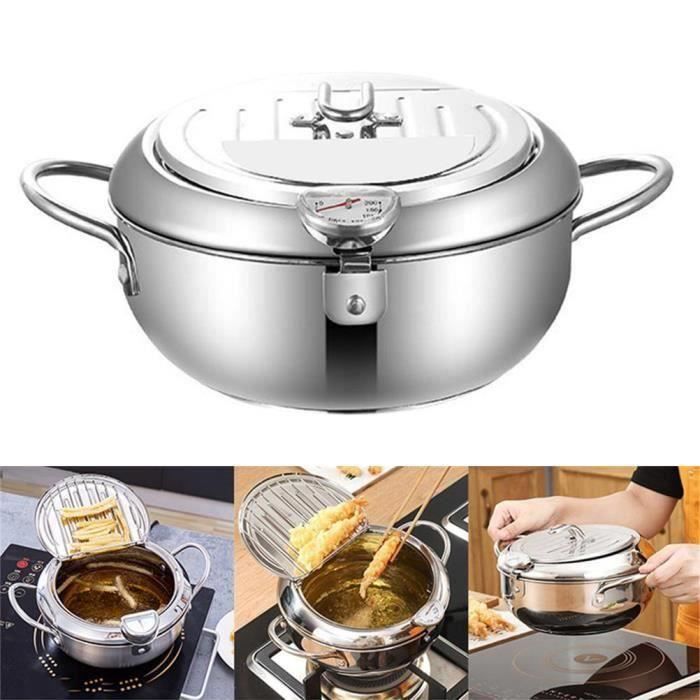 Poêle à frire profonde en acier inoxydable Friteuse avec contrôle de thermomètre Poêle à frire antiadhésive pour cuisine