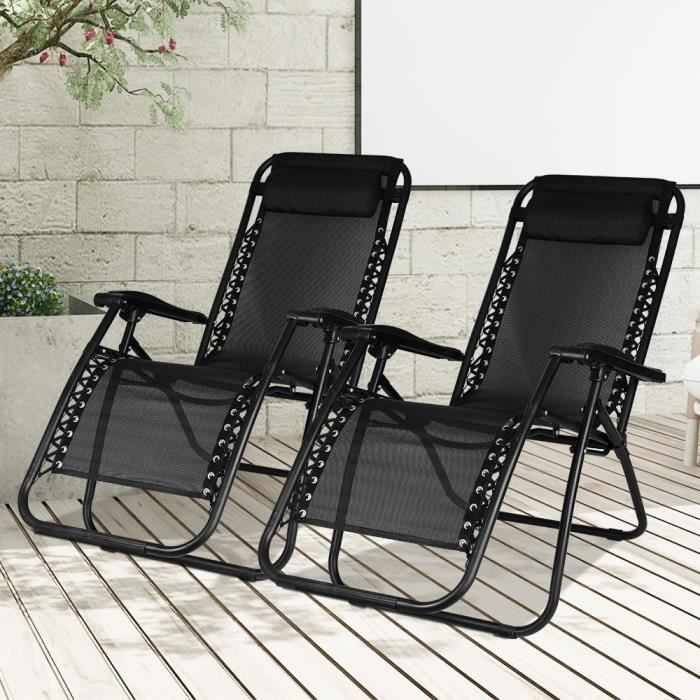 Bigzzia Lot de 2 Transat de Jardin Pliable, Chaise Longue Inclinable, 96 x 68 x 14 cm, Noir, Avec coussin, Charge maximale: 100 kg