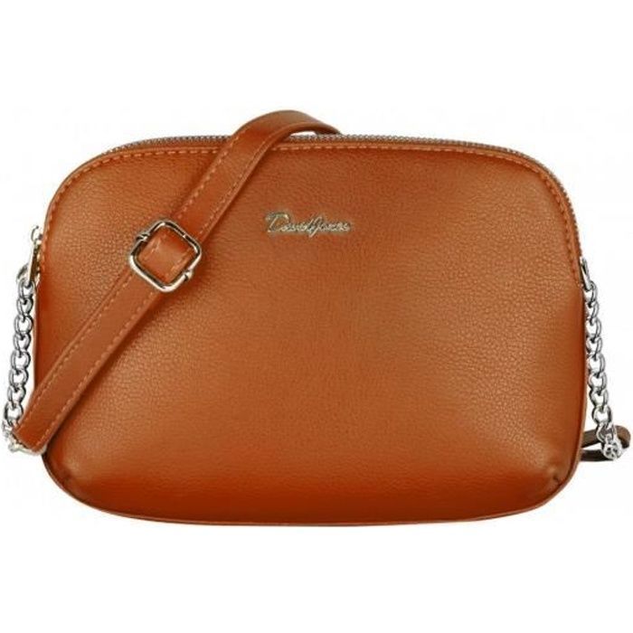 David Jones - Petit Sac Bandoulière Femme Multipoche Zip Simili Cuir Porté Epaule - Besace Sacoche Pochette Poche Multiple - Marron