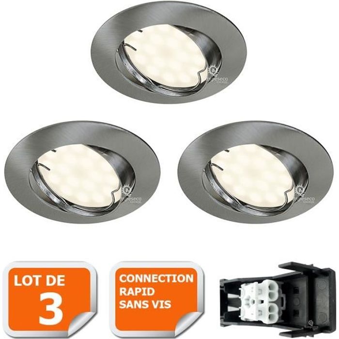 LOT DE 3 SPOT LED ENCASTRABLE ORIENTABLE ALU BROSSE AVEC AMPOULE GU10 230V eq. 50W, BLANC CHAUD