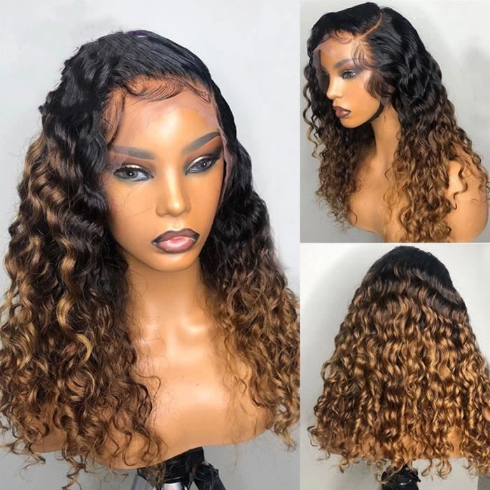 18pouce Perruque Lace Frontal Wig 180% sans colle naturelle Remy cheveux bouclés blond ombré