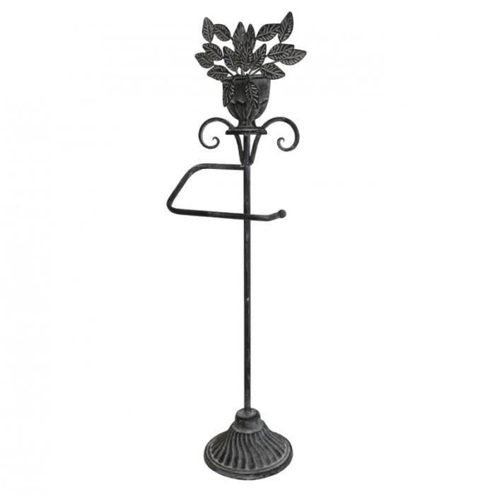 Déroule Papier Toilettes Motif Floral ou Porte Papier Hygiénique sur Pied en Fer Patiné Gris 14x21x69cm