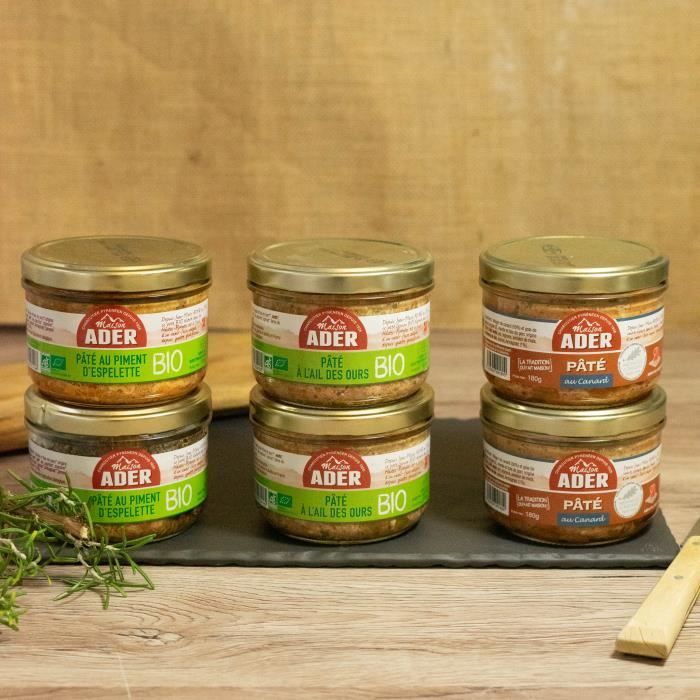 Assortiment de 6 patés : 2 piments d'espelelette, 2 ail des ours et 2 canards - 6x180g - Pyrénées