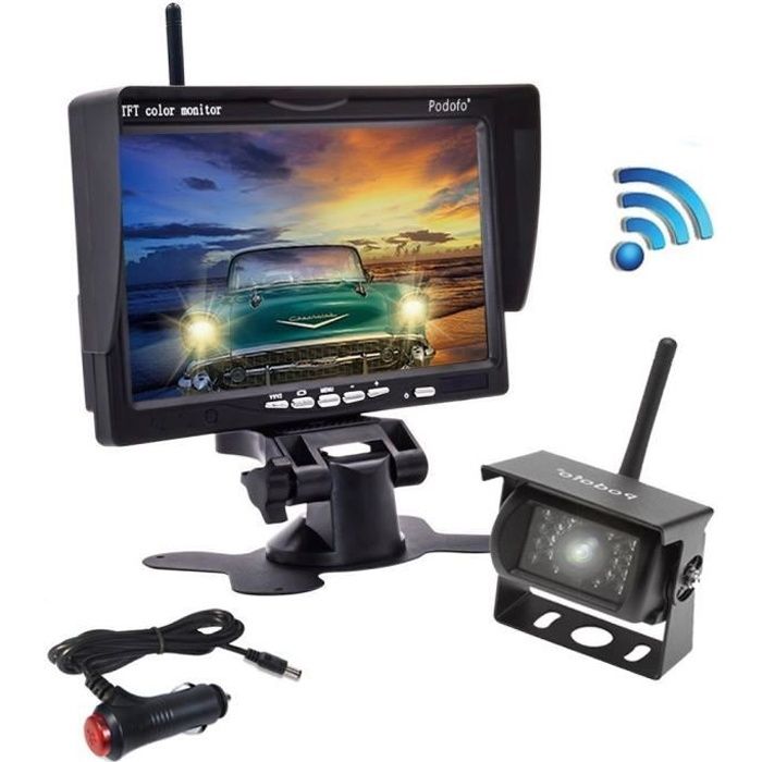 Podofo Nouvelle Caméra de Recul Sans Fil 7 Pouces HD LCD Ecran+Caméra de Voiture Etanche+Allume-cigare pour Camion RV Bus Remorque