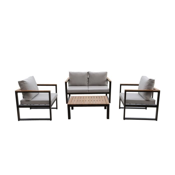 Salon de jardin en métal et bois d'eucalyptus 4 personnes ALAO noir et bois avec coussins gris clairs
