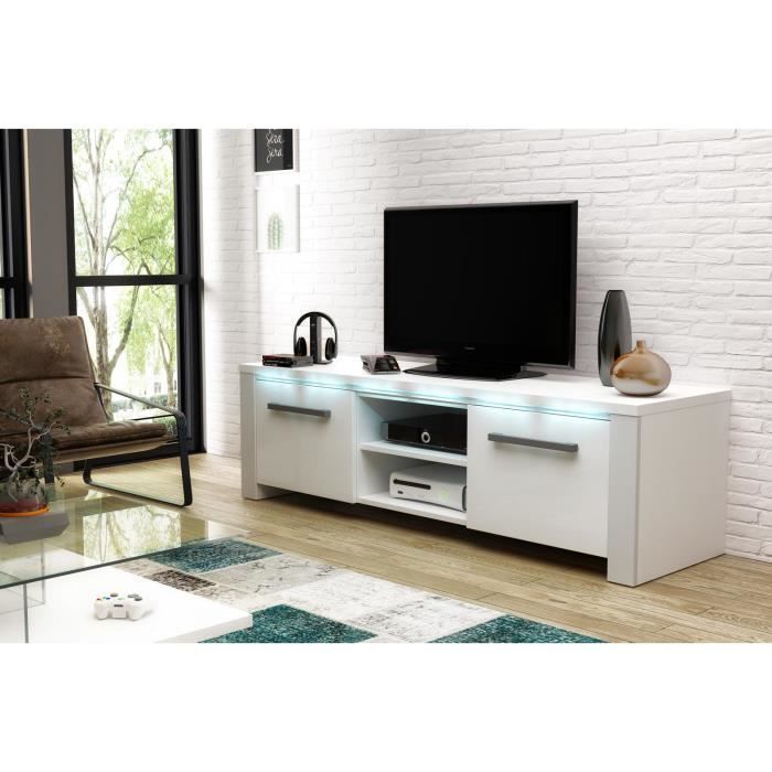 VIVALDI Meuble TV - MANHATTAN - 140 cm - blanc mat / blanc brillant avec LED - style moderne