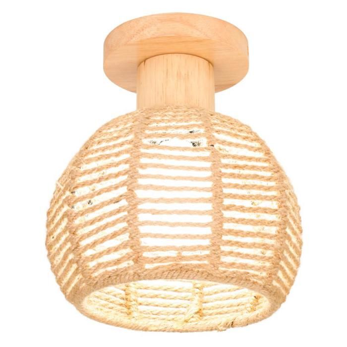 WOTTES Plafonnier Vintage Industrielle E27 Lampe de Plafond Bois Rétro Ø20cm Abat-jour Cage en Corde de Chanvre pour Cuisine
