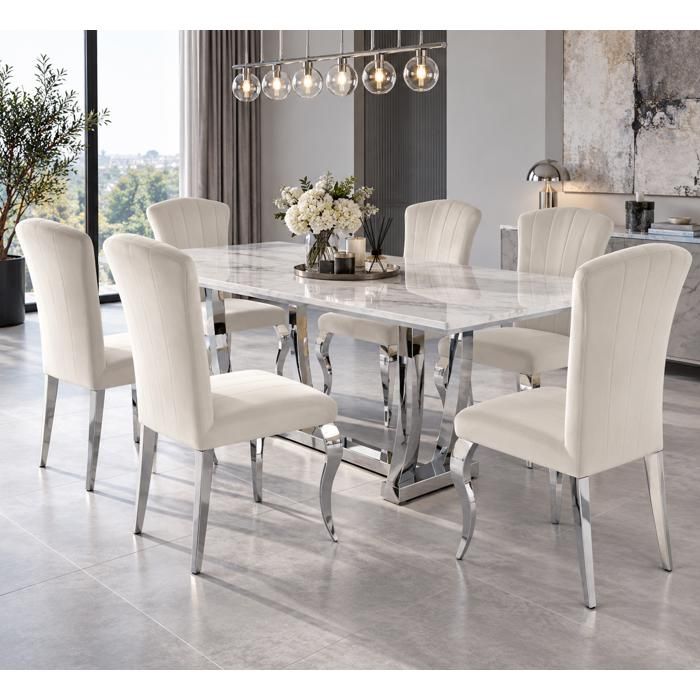 Lot de 6 chaises salle à manger velours beige pieds chrome 101 cm LOUIS