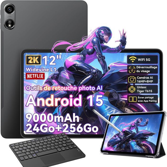 Oscal Pad 100 Tablette Tactile 12 Android 15 2.4G+5G Wifi RAM 24Go ROM 256Go/SD 2To 9000mAh 16+8MP Dual SIM Gris Avec Clavier K1
