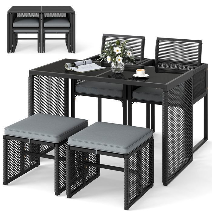COSTWAY Ensemble de Meubles de Terrasse en Osier PE 5 Pièces Chaises en Rotin avec Coussins Table en Verre Trempé avec Poufs