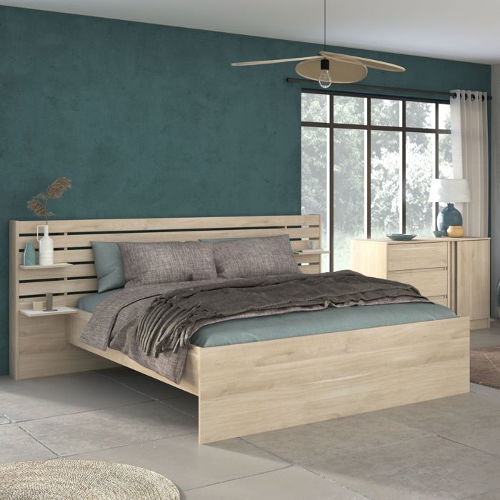 Lit adulte avec tête de lit en bois naturel 160x200 CLEM - Bois naturel - Fabriqué en France - Terre de Nuit