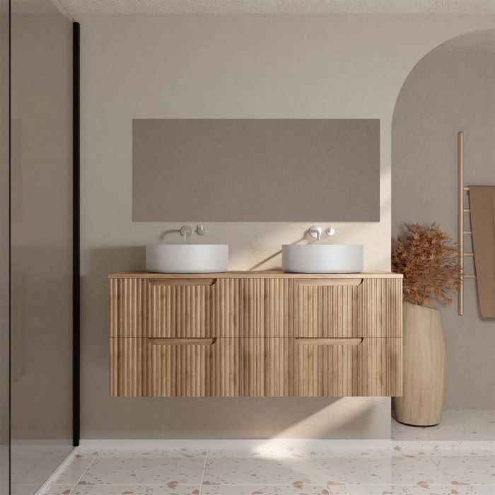 Meuble de Salle de Bains LEON 120cm Décor Bois - 4 Tiroirs en MDF Ondules - Vasques Rondes 36cm