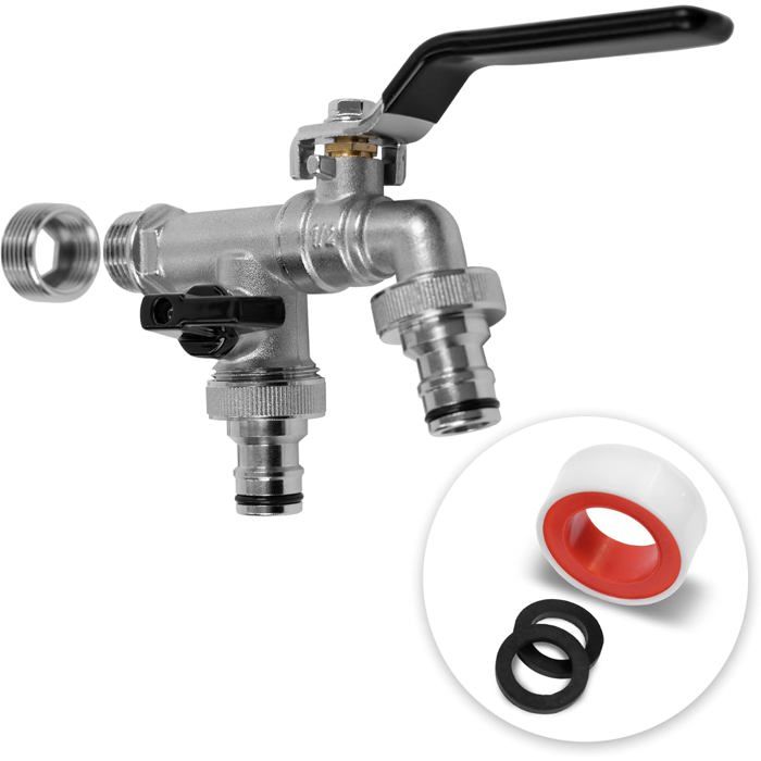 Robinet Extérieur YourCasa Pour Récupérateur Eau Pluie | Laiton | Double Sortie 1/2'' Et 3/4'' | Anti-Rouille/Gel