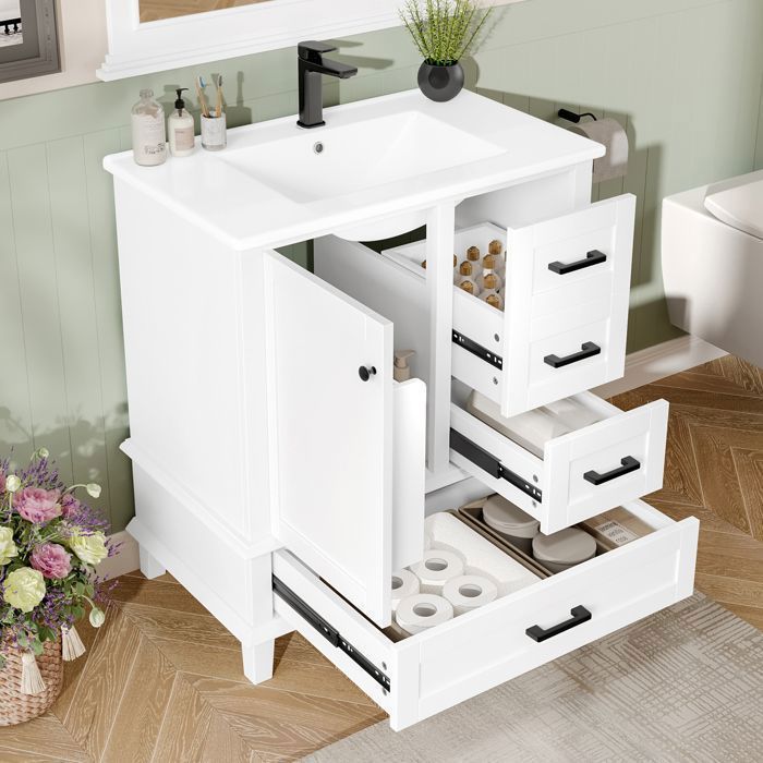 Meuble de salle de bain sur pied avec lavabo meuble sous-vasque 3 tiroirs silencieux lavabo en céramique intégré 76x46x835 cm