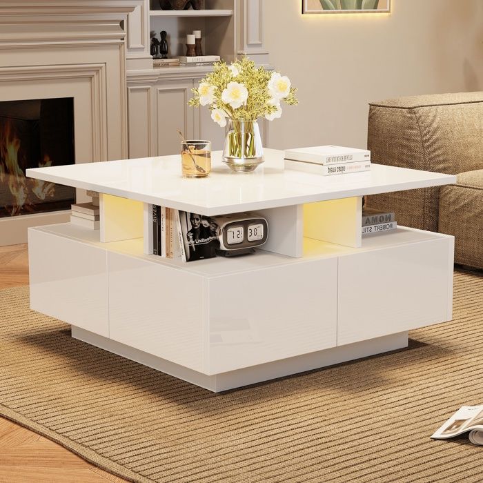 Table basse Carrée LED et 4 Tiroirs Design Rangement Meuble Salon Style Moderne 70x70x40 cm Blanc brillant