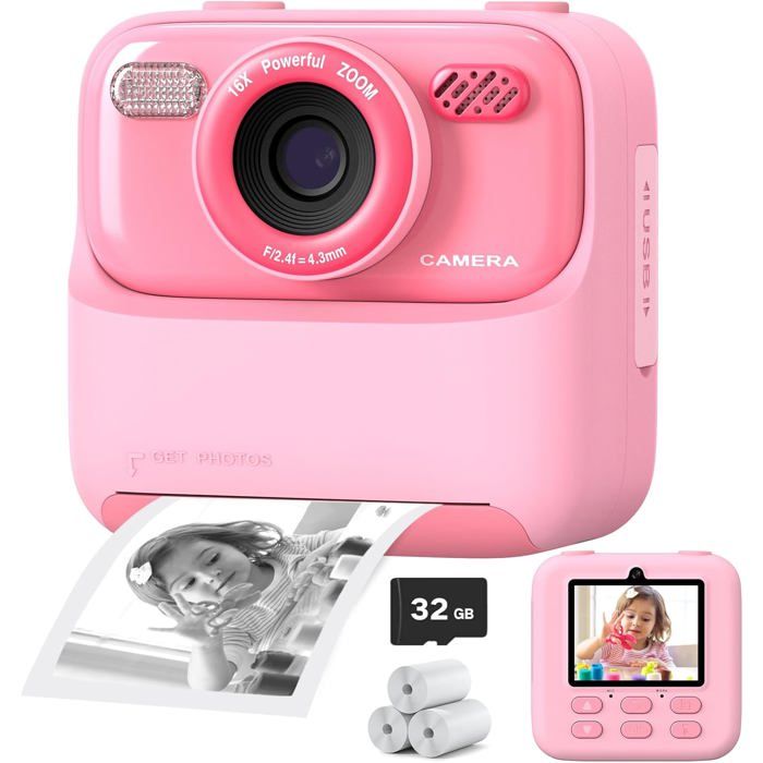 Appareil photo pour enfants Impression instantanée Papier photo et carte de 32 Go inclus Jouet pour les 3 ans et plus Rose