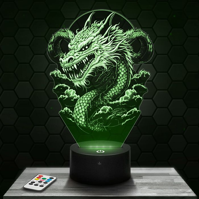 Lampe 3d _ Dragon Japonais - Accessoire Objet Cadeau Dragon Japonais - Veilleuse Led Tactile avec socle au choix TOP