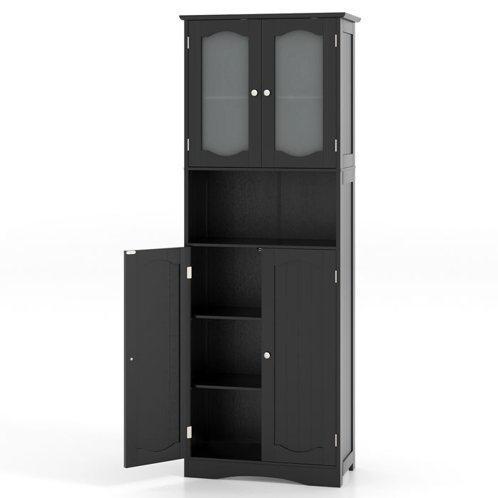 GIANTEX Armoire de Salle de Bain Haute Portes en Verre Trempé Etagères Réglables pour Salon Cuisine 60 x 30 x 164 cm Noir