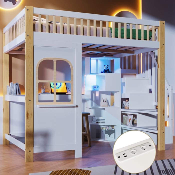 Lit mezzanine en bois 140 x 200 cm avec bureau et compartiment de rangement lit simple avec lumières LED pour enfants naturel Lit mezzanine en bois 140 x 200 cm avec bureau et compartiment de rangement lit simple avec lumières LED pour enfants naturel