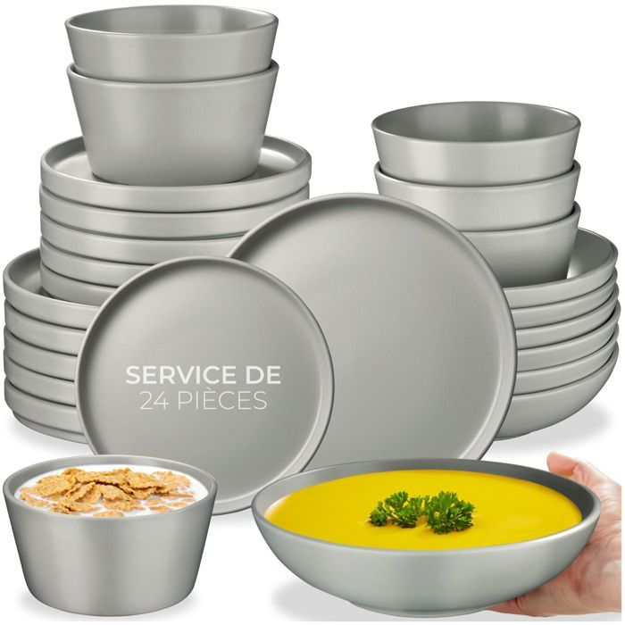 Service de vaisselle - TECTAKE - Service de vaisselle UNA en grès composé de 24 pièces pour 6 personnes style urbains - Gris