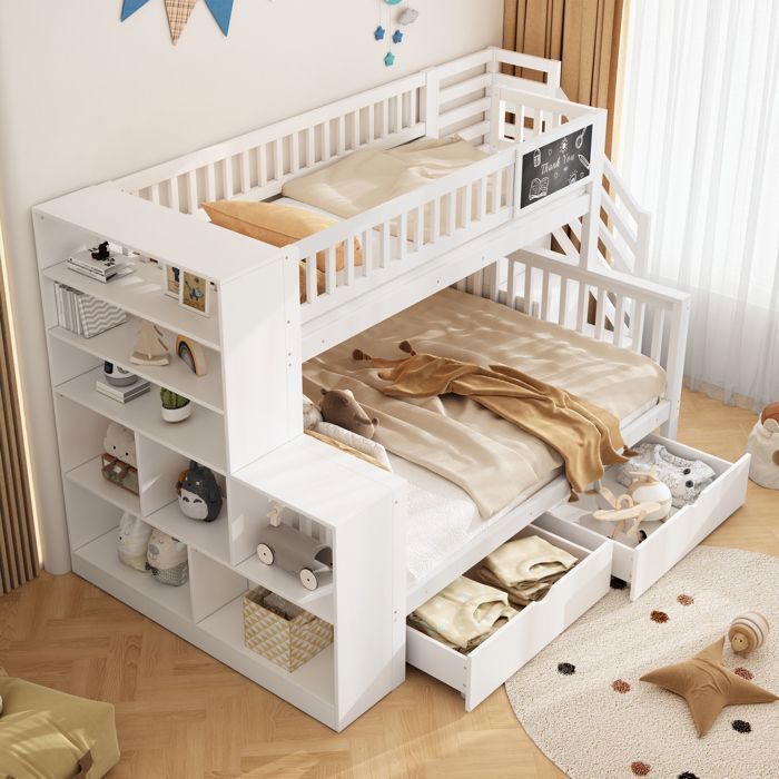 Lit superposé enfant 90/140 x 200cm lit mezzanine avec escalier et armoires de rangement tiroirs et tableau graffiti blanc