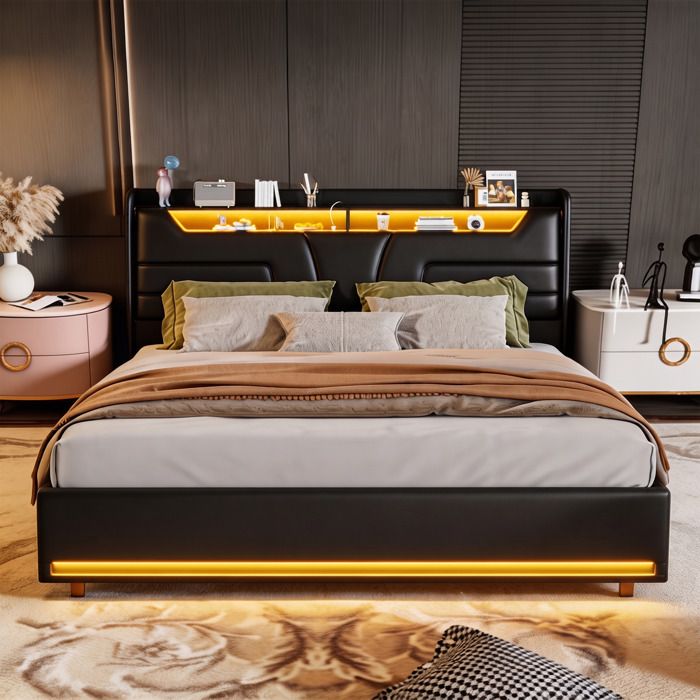 Lit Coffre 140x190 Cm - Lin Gris, LED RGB, Ports USB, 4 Tiroirs, Tête De Lit Capitonnée