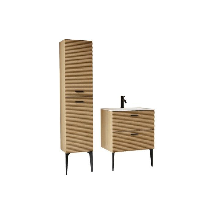 Meuble de salle de bain strié sur pieds avec vasque à encastrer robinet et colonne - 2 tiroirs - Naturel clair - 60 cm - SARONE