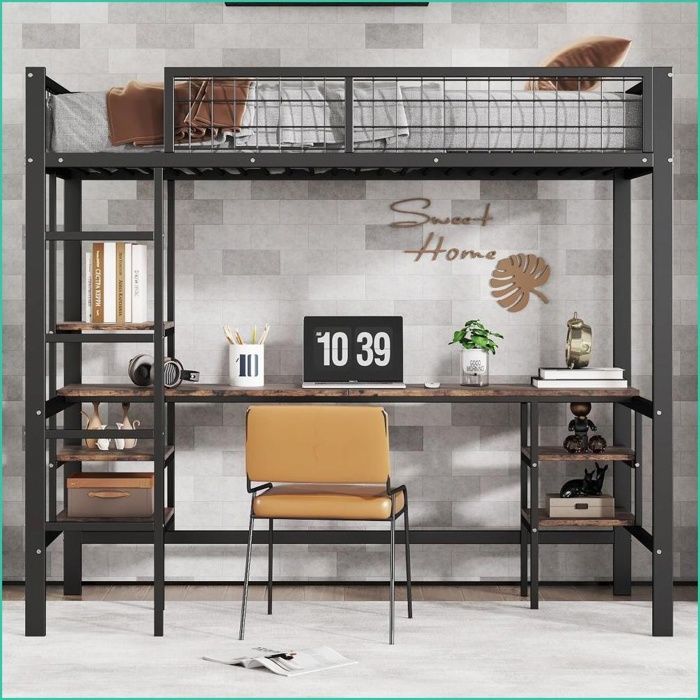 Lit superposé en métal - Avec bureau et étagères - 90x200cm - Noir/Chêne foncé
