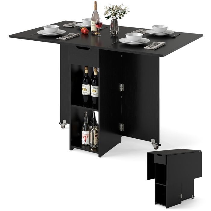 COSTWAY Table à Manger Pliante 120 x 72 x 75 cm avec 2 Roulettes Support de Rangement et Tiroir à 2 Niveaux Noir