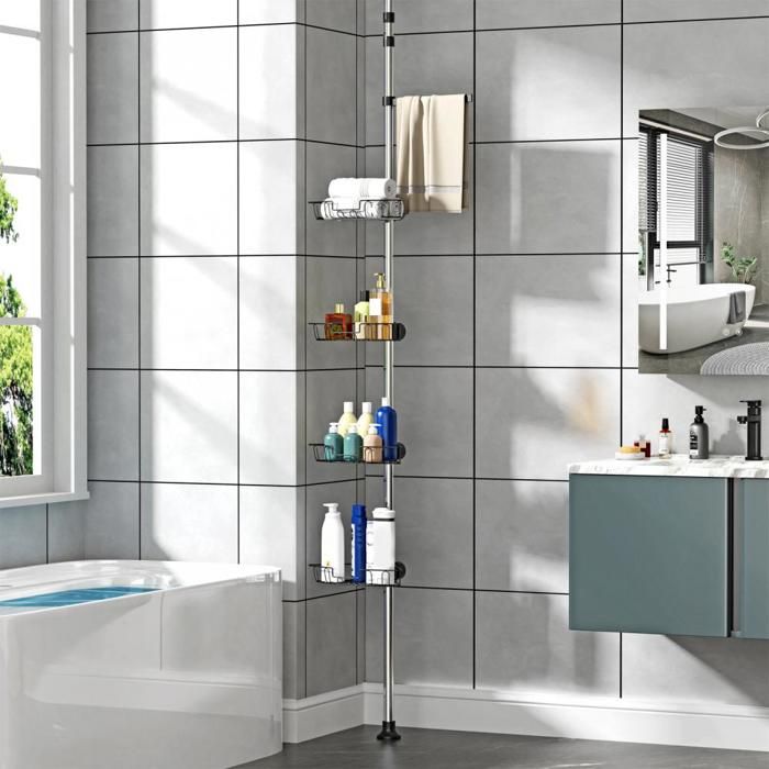 SUPFINE Étagère Salle de Bain Etagère de Douche dangle Sans Perçage Etagères de Rangement avec 4 Paniers Hauteur 75–300cm