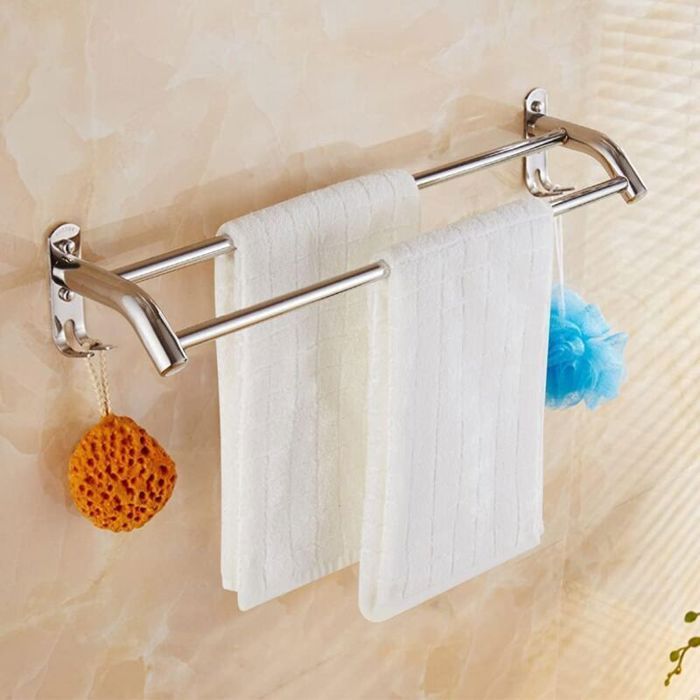 Porte-serviettes mural - PZCC - Double 60 cm - Chromé - Acier inoxydable SUS304 - Crochets intégrés
