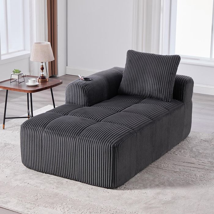 Fauteuil inclinable velours côtelé confortable sans montage coussins dossier poche rangement latérale porte-gobelet - gris foncé Fauteuil inclinable velours côtelé confortable sans montage coussins dossier poche rangement latérale porte-gobelet - gris foncé