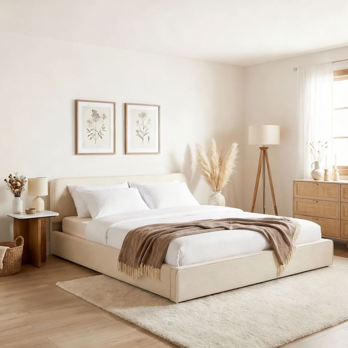 Lit Double LATINI 160x200 en Tissu Beige Lit Queen Size 2 Personnes avec Sommier à Lattes Inclus Tête Réglable en Hauteur