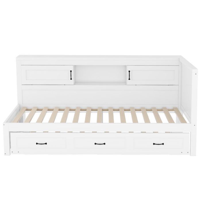 Méridienne 90x200 Blanc Canapé-Lit Gigogne-LED Prise USB Rangement Chevet-sans Matelas