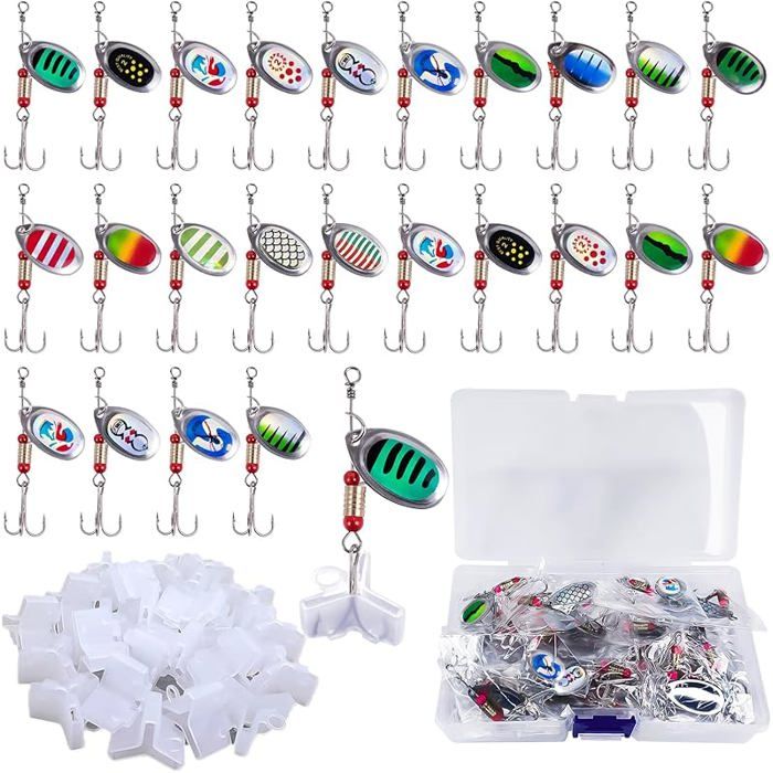 24 Pièces Cuillere Peche Cuillere Peche Truite en Métal avec 24 Couvre Hameçon Triple Cuillère de Pêche avec Boîte pour