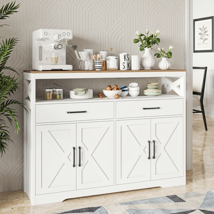Buffet Cuisine Meuble de Rangement Sideboard avec 4 Porte 2 Tiroirs pour Cuisine Salle à Manger Salon 140x40x105 cm Blanc