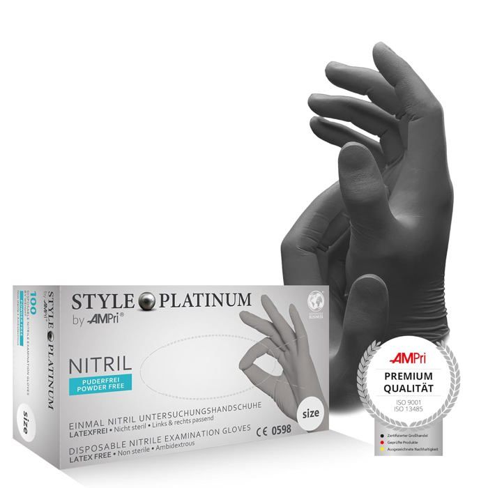 100 gants en nitrile sans poudre Gris argenté platine Taille S Gants jetables en nitrile dans les tailles S