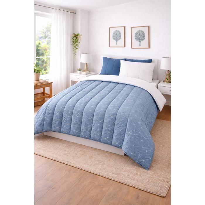Couette - MORTREUX - Simple face - Ultra légère - Géo bleue - 200 x 200 cm