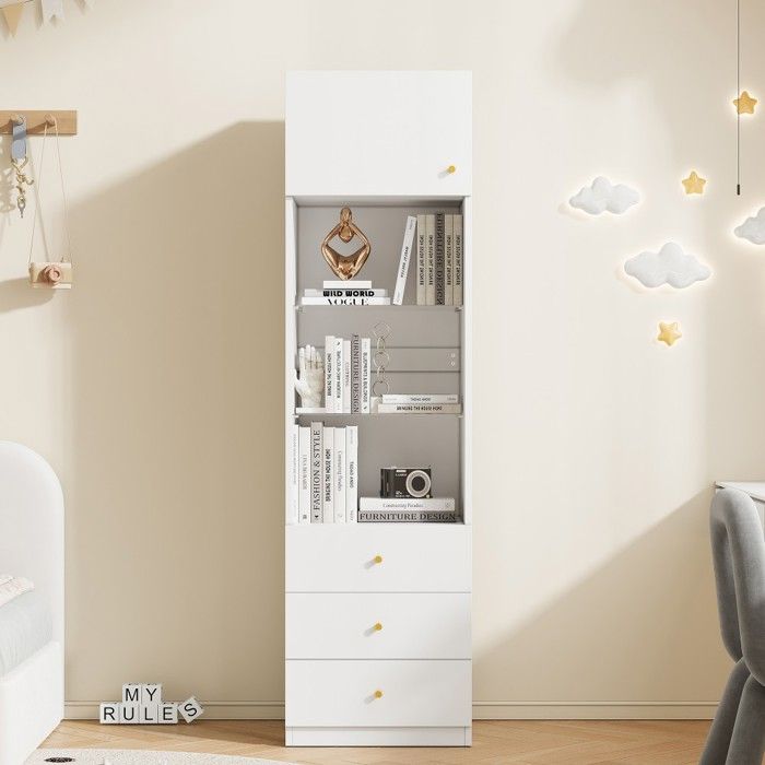Vitrine bibliothèque blanche 50×40×180 cm armoire rangement avec tiroirs et étagères verre ajustables espace ouvert