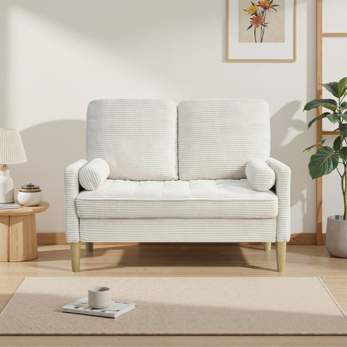 Canapé 2 places en velours côtelé beige style scandinave avec pieds en bois