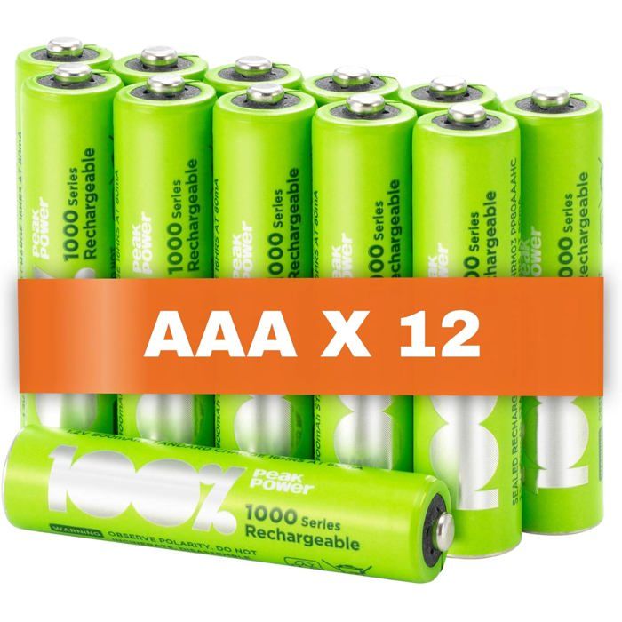 Piles Rechargeables AAA 12*Piles 100% PeakPower Batteries AAA LR3 Rechargeables 1.2v Minh 800 mAh Pré-Chargées Haute capacité