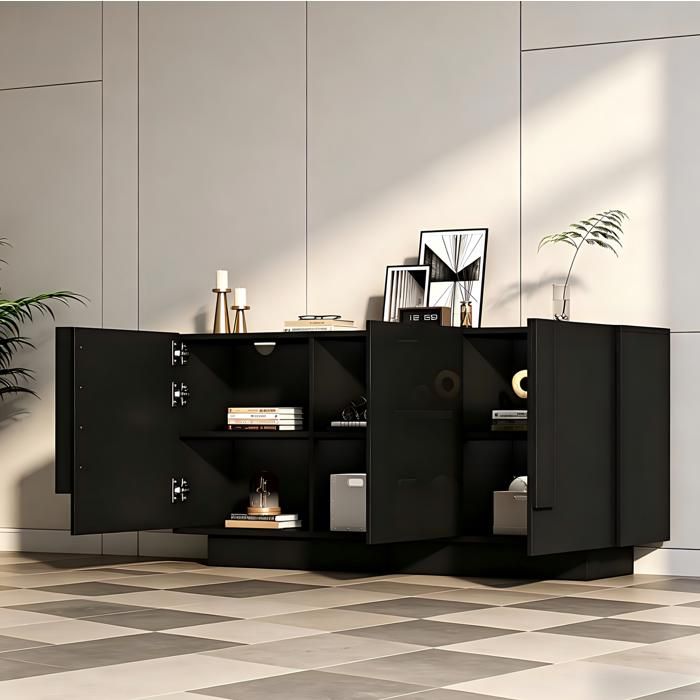 Buffet bas noir 160 x 35 x 60 cm en panneaux de particules 3 portes 6 espaces de rangement réglables
