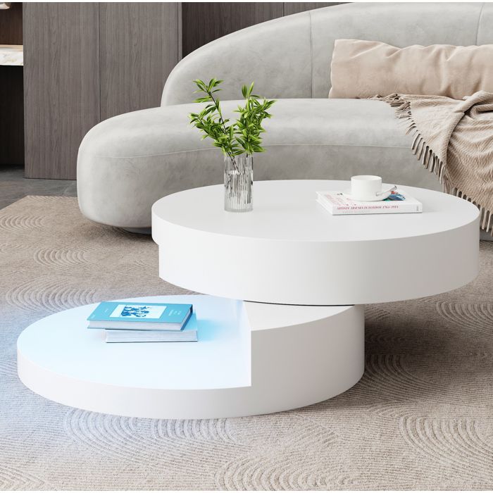 MEULVA Table basse cylindrique 70 x 70 x 355 cm plateau rotatif 360° LED MDF blanc double niveau