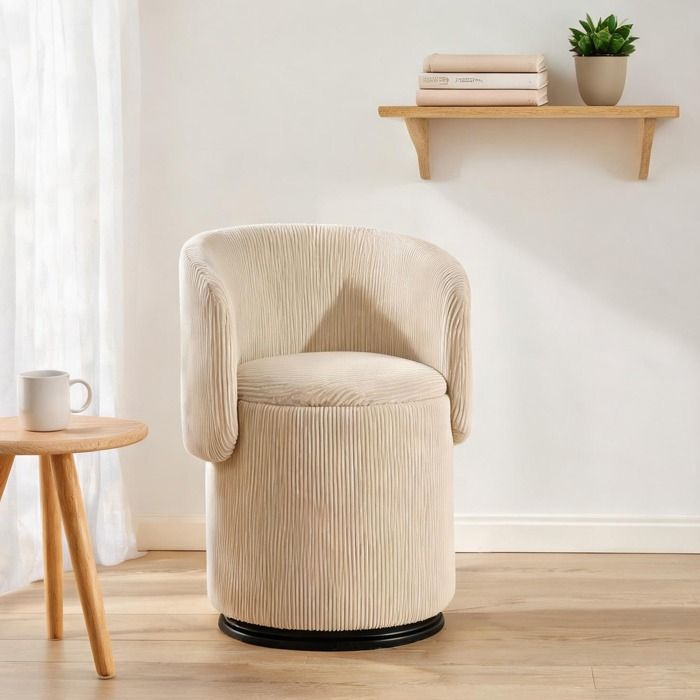 Chaise tonneau pivotante 360° en velours côtelé beige avec rangement intégré pour chambre et salle à manger assise rembourrée