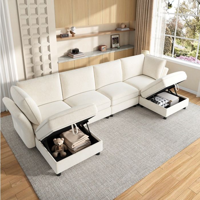 Modenuit canape d angle modulaire forme U/L 289x137x84 cm 6-7 places avec 2 poufs rangement chenille beige