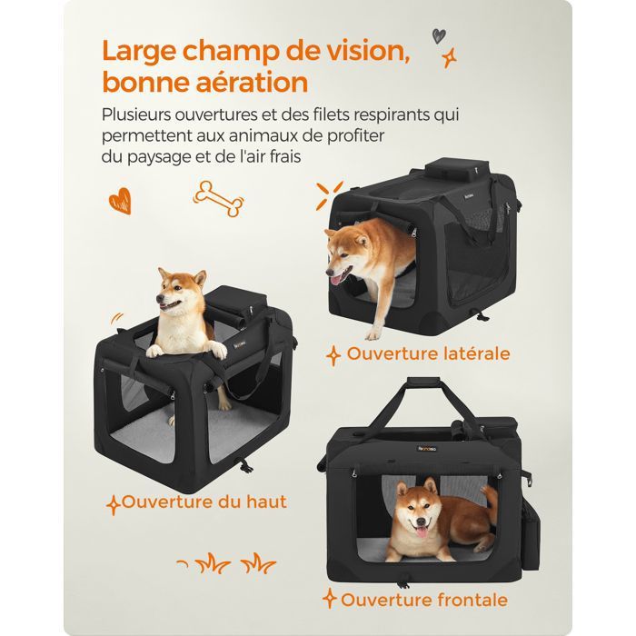 Sac de Transport Chat Chien Taille L Tissu Oxford Filet Respirant Portable Cadre en Métal avec Poignées et Pochettes Noir
