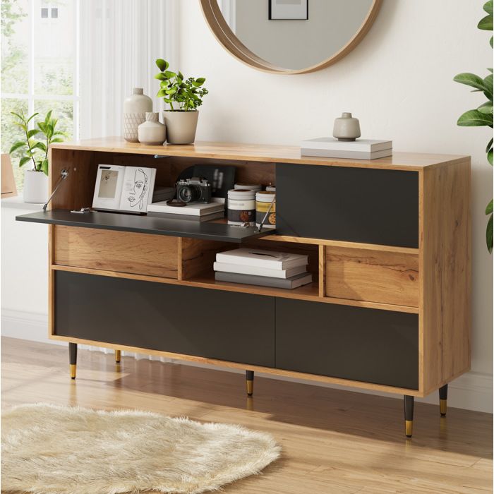 Buffet bas 2 tiroirs niche ouverte 2 portes abattantes et 2 portes latérales salon bois naturel et noir - UVRION