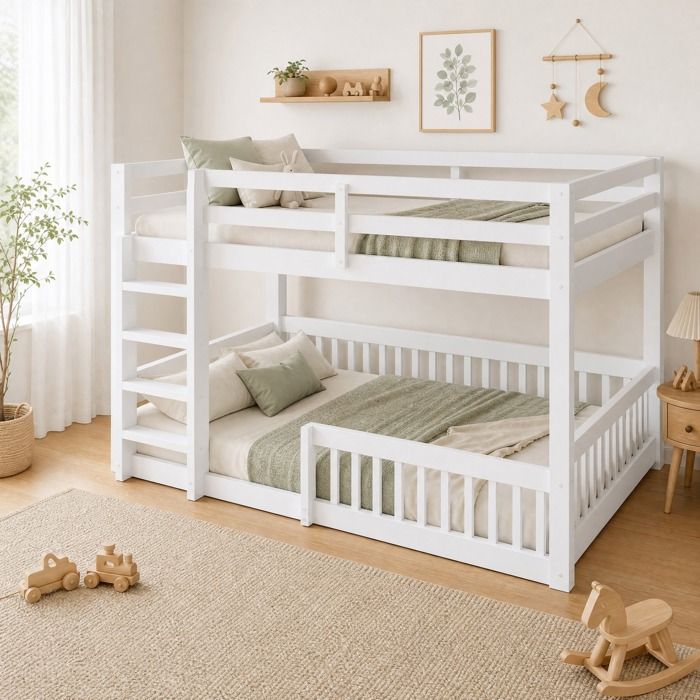 Lit superposé Double 160×200 cm bas avec barrières - MIVRAY - Pin et MDF blanc sans matelas