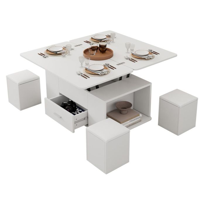 Table basse relevable et mobile 4-en-1 convertible en table à manger avec tiroirs et 4 tabourets blanche