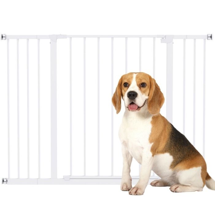 Barrière de sécurité pour chien – métal blanc – sans perçage – ouverture à une main – extensible jusqu’à 107 cm